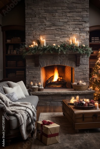 Cozy living room with Christmas tree  stockings  and fire crackling.