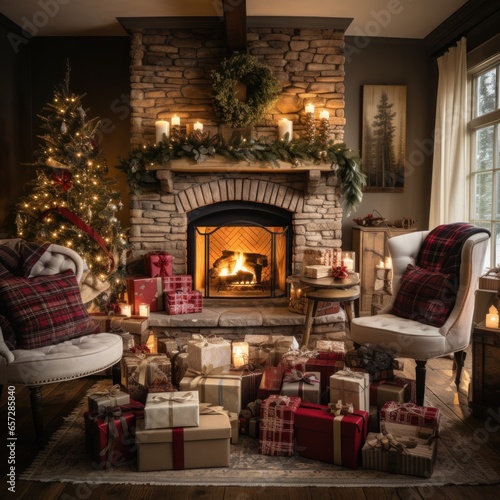 Cozy living room with Christmas tree, stockings, and fire crackling.