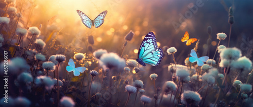 Beautiful blue butterfly on golde and purple flower buds on a soft blurred blue background. Soft romantic dreamy artistic image, beautiful round bokeh. © MD Media