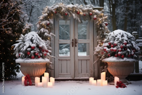 Festive outdoor decorations with snowy trees and a wreath