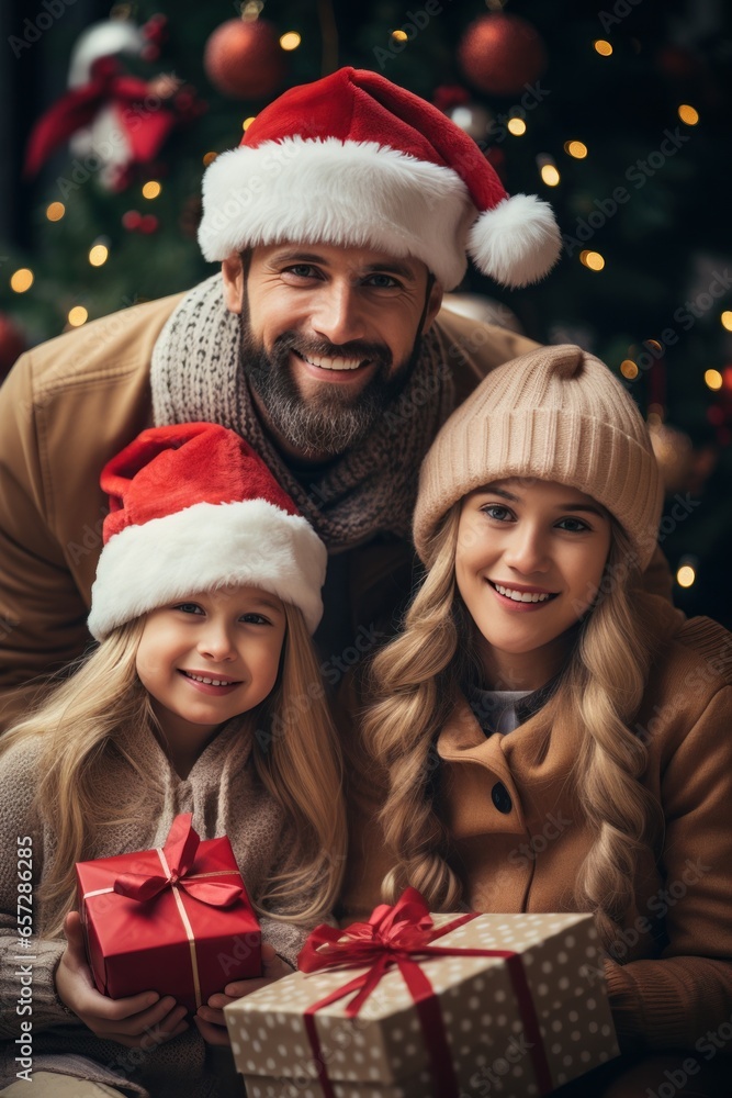 Happy family in Santa hats with gifts and decorations Happy family in Santa hats with gifts and decorations