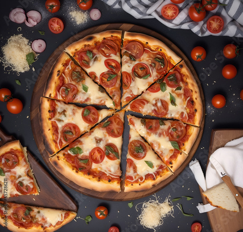 Top view tasty pizza with mozzarella cherry tomatoes and basil cheese dark wooden background