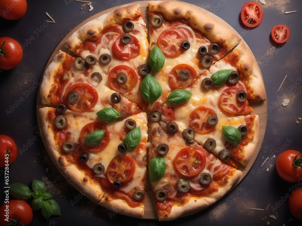 Tasty top view sliced pizza Italian traditional round pizza with tomatoes olives and basil