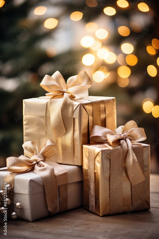 Beautifully wrapped gifts with bows and ribbons under a tree Beautifully wrapped gifts with bows and ribbons under a tree