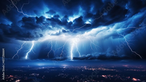 Electricity Charges the Sky with Lightning and Thunder on a Dark Night