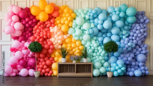 Vibrant rainbow balloon backdrop with tassels