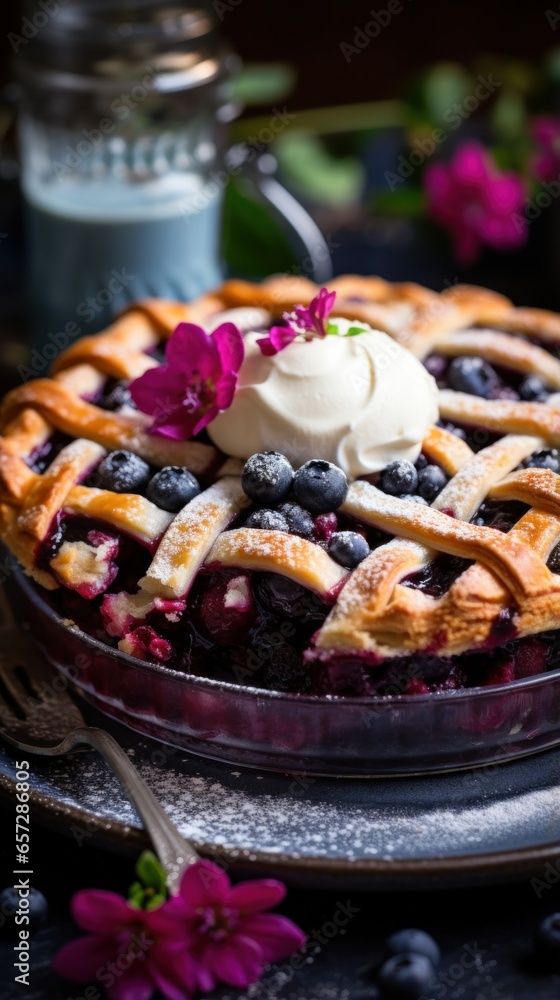 Blueberry pie with lattice crust, a summertime treat in winter