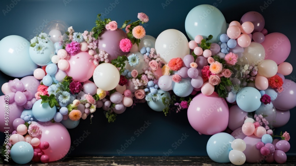 Pastel balloon garland with flowers and greenery Pastel balloon garland with flowers and greenery