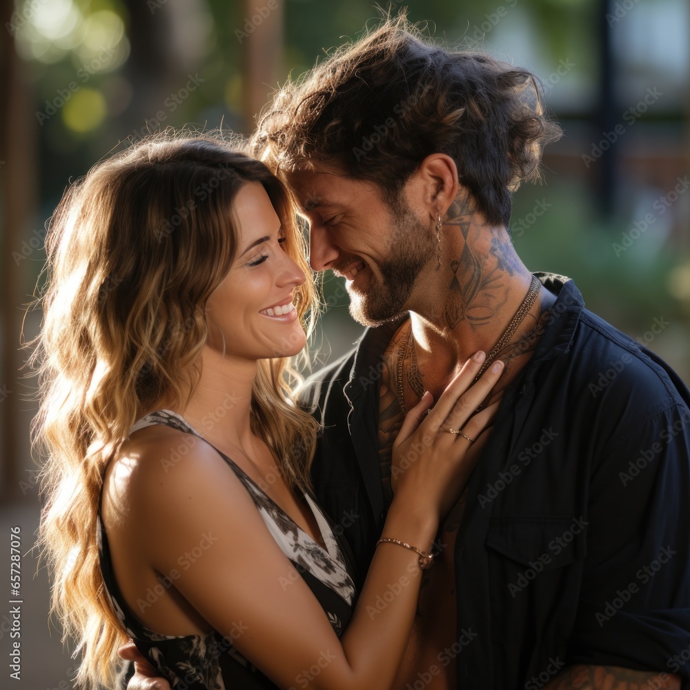 Woman receives a kiss on the forehead from her partner. Woman receives a kiss on the forehead from her partner.