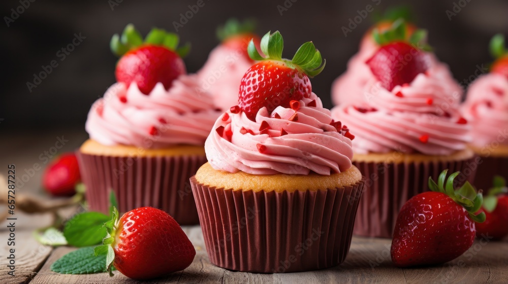 Strawberry cupcakes with strawberry cream cheese frosting and fresh strawberries on top Strawberry cupcakes with strawberry cream cheese frosting and fresh strawberries on top