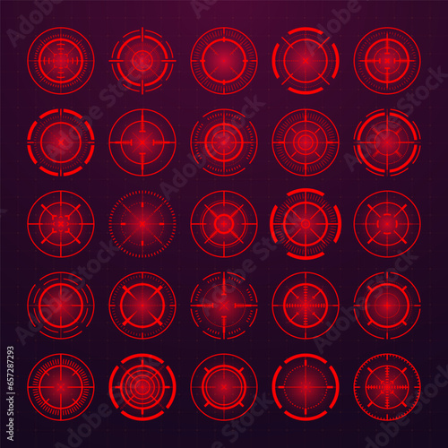 Crosshair, gun sight vector icons. Bullseye, black target or aim symbol. Military rifle scope, shooting mark sign. Targeting, aiming for a shot. Archery, hunting and sports shooting. Game UI element.