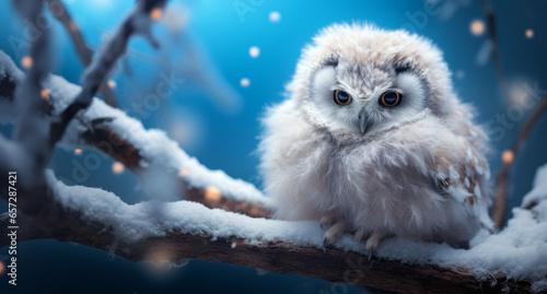 ute fluffy white Owl in hoarfrost frost on a branch under the snow in the Christmas park. Owl Bird as a concept of Christmas and New Year