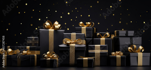 Photo of black gift boxes with golden ribbon bow tag and golden confetti on isolated black background with blank space. New year. Birthday, christmas