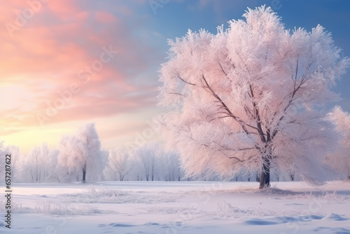 Winter snow covered wallpaper. A tree standing alone on a snowy field against a pink and orange frosty sunset sky. Beautiful winter nature scene.