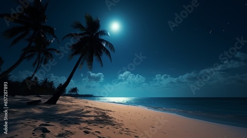 A beach at night with a full moon and palm trees