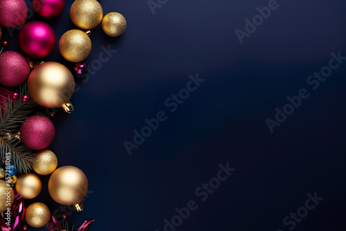 colorful christmas balls with fir tree branches on dark blue ground with space for text, elegant christmas background