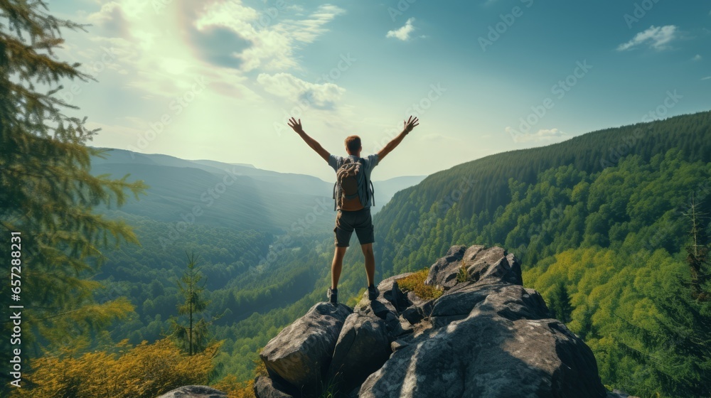 A man embracing the breathtaking view from the summit of a majestic mountain A man embracing the breathtaking view from the summit of a majestic mountain