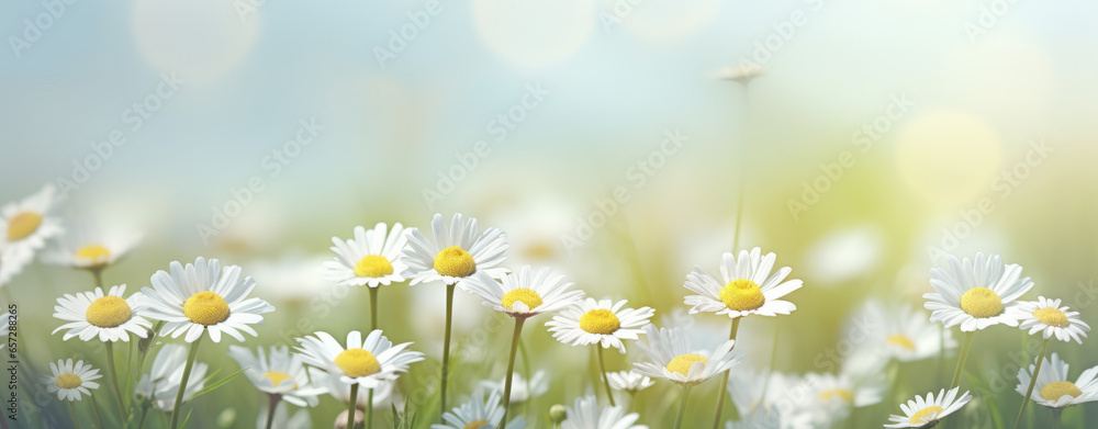 Beautiful spring landscape with meadow yellow flowers and daisies, blooming in the sun on sun flare background - obrazy, fototapety, plakaty 