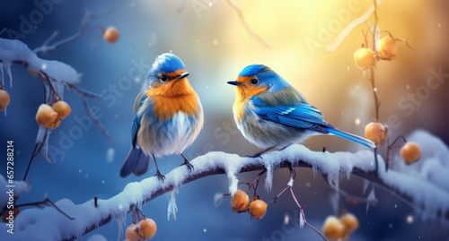 Cute colorful little bird in hoarfrost frost on a branch under the snow in the Christmas park. Bird as a concept of Christmas and New Year © MD Media