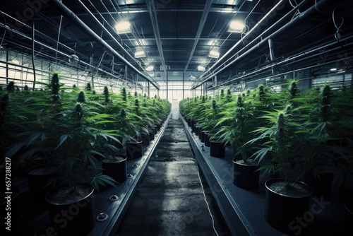 A surreal, dreamlike indoor cannabis farm with tall, bushy plants under large industrial lights.