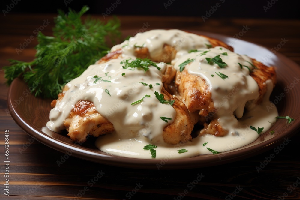 Grilled chicken with creamy sauce, garnished with herbs, served on a dark plate. Grilled chicken with creamy sauce, garnished with herbs, served on a dark plate.