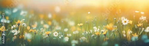 Beautiful spring landscape with meadow yellow flowers and daisies, blooming in the sun on sun flare background