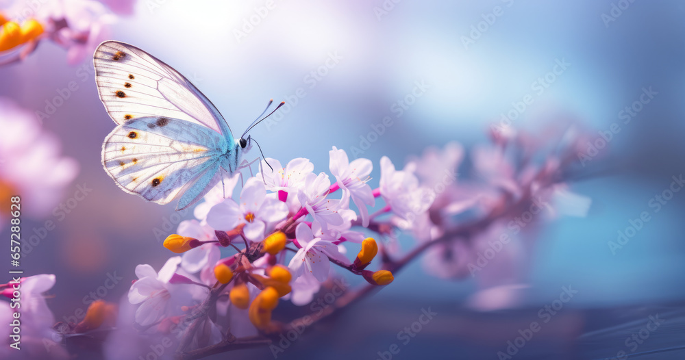 Beautiful white butterfly on white flower buds on a soft blurred blue background spring or summer in nature. Gentle romantic dreamy artistic image, beautiful round bokeh. - obrazy, fototapety, plakaty 