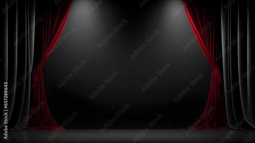 Fondo negro de escenario o teatro con cortinas negras y cortinas rojas e iluminación estilo reflectores - obrazy, fototapety, plakaty 