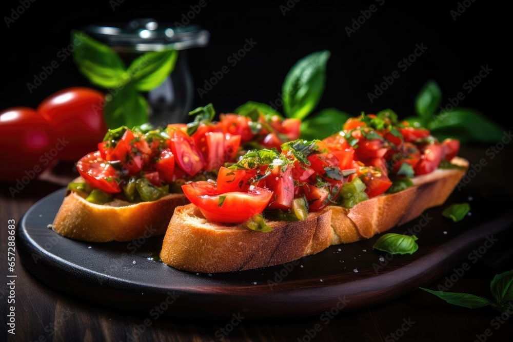 A dark wooden board with two pieces of bruschetta, surrounded by cherry tomatoes and basil leaves. A dark wooden board with two pieces of bruschetta, surrounded by cherry tomatoes and basil leaves.