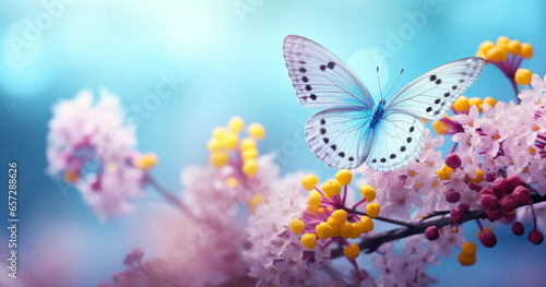 Beautiful white butterfly on white flower buds on a soft blurred blue background spring or summer in nature. Gentle romantic dreamy artistic image, beautiful round bokeh. © MD Media