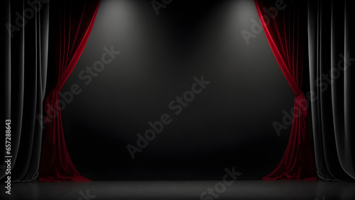 Fotografia Fondo negro de escenario o teatro con cortinas negras y cortinas rojas e ilumina
