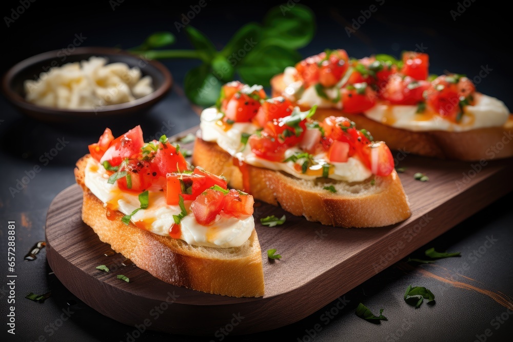 Three slices of bruschetta with mozzarella, tomatoes, basil on a wooden cutting board. Three slices of bruschetta with mozzarella, tomatoes, basil on a wooden cutting board.