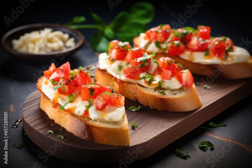 Three slices of bruschetta with mozzarella, tomatoes, basil on a wooden cutting board.