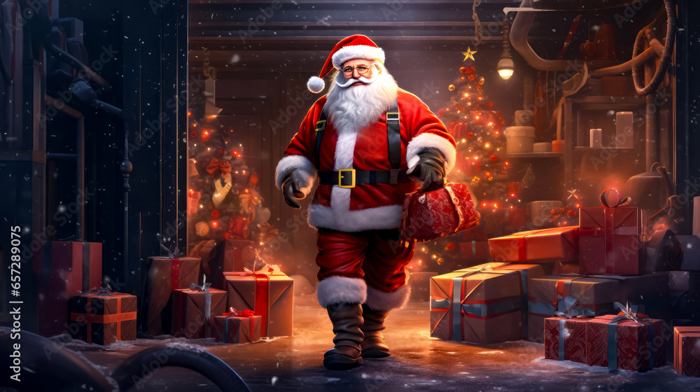 Man dressed as santa claus walking through room filled with christmas presents. Man dressed as santa claus walking through room filled with christmas presents.