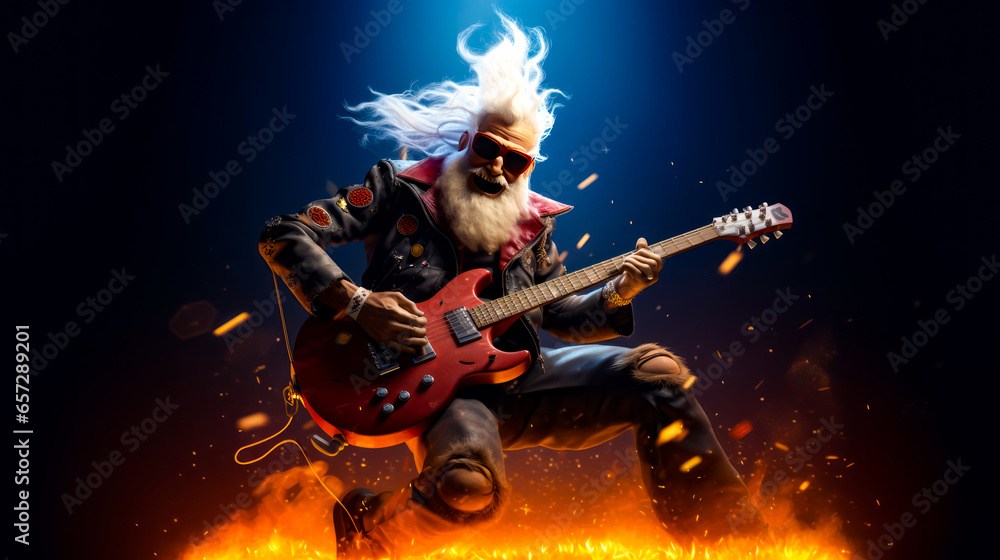 Man with beard playing guitar in front of blue background.
