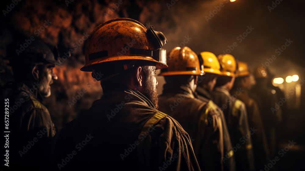 Obraz premium A group of miners collaborating and working together in a dark underground tunnel, representing the importance of teamwork and camaraderie in the mining industry. ai generative