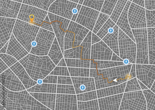 Electric vehicle charging station location mark on gps navigation map a lot with fast supercharger station. Path turns and destination tag or mark. Huge city top view. Tracking path and route. vector
