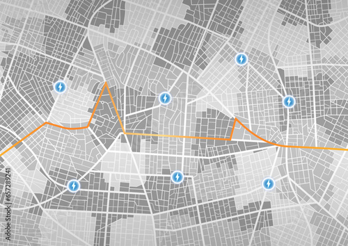 Location EV charging station location mark on gps navigation map a lot with fast supercharger station. Path turns and destination tag or mark. Huge city top view. Tracking path and route. vector