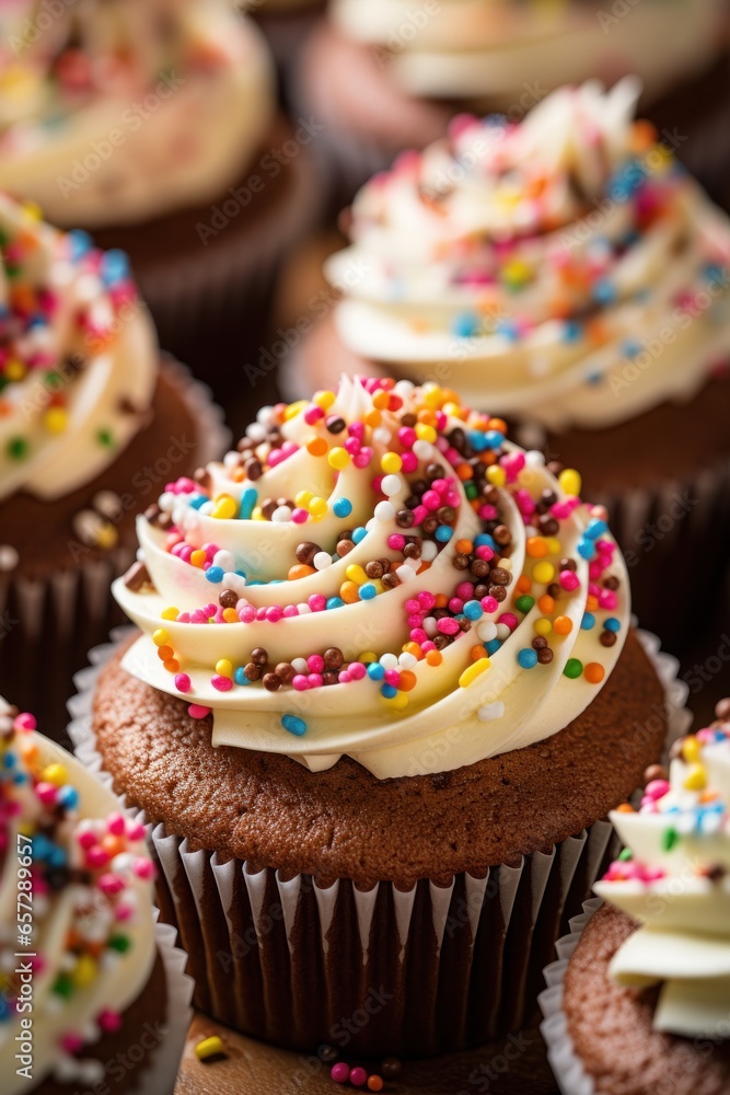 Chocolate cupcakes with buttercream icing and colorful sprinkles.