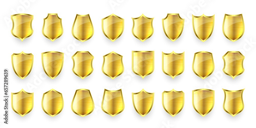 Set of various vintage 3d metal shield icons. Shiny golden heraldic shields. Black protection and security symbol, label. Vector illustration