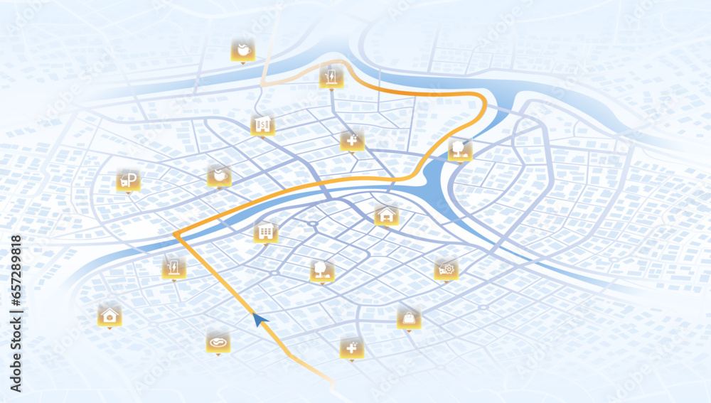 Isometric. The path from a point to the intended goal, many destinations, signs. main road throughout map. Navigation mapping technology for obtaining data on distance and turns of the path. Vector Isometric. The path from a point to the intended goal, many destinations, signs. main road throughout map. Navigation mapping technology for obtaining data on distance and turns of the path. Vector