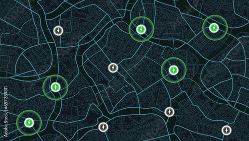 Determining the location on the plan of an abstract city. Tracking and route planning. Huge view of the city from above. Background vector. Establishments, gas stations, parks and restaurants