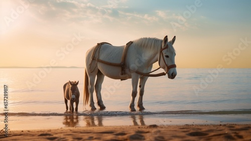 Cute horse with her baby standing river bank animal illustration picture AI generated art