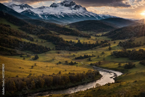 Beautiful nature. Snowy mountains and meandering river. Sunrise. Generative AI