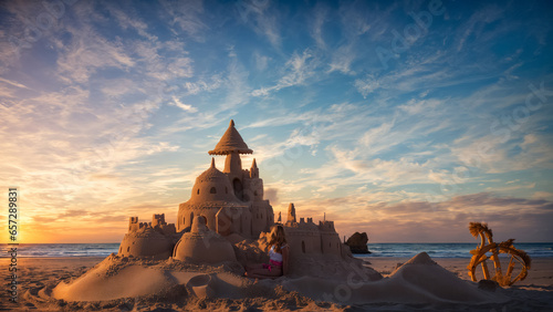 A girl builds a huge sand castle on the beach. Generative AI