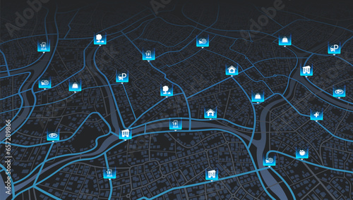 Determining the location on the plan of an abstract city. Path turn, destination mark. Huge view of the city from above. Isometric background vector. Establishments, gas stations, parks, restaurants