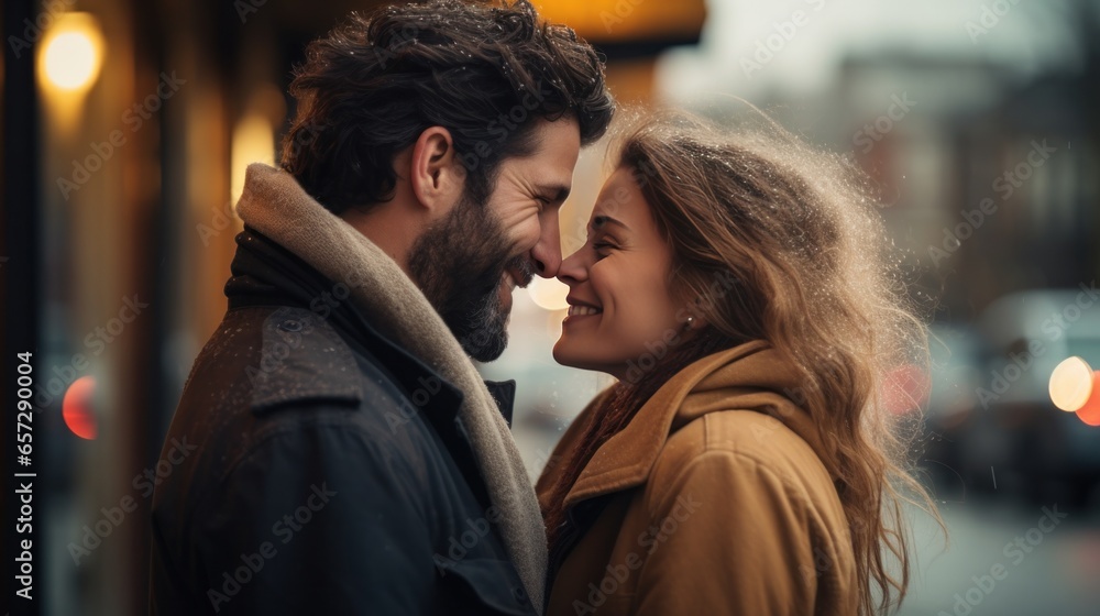 Woman receives a kiss on the forehead from her partner. Woman receives a kiss on the forehead from her partner.