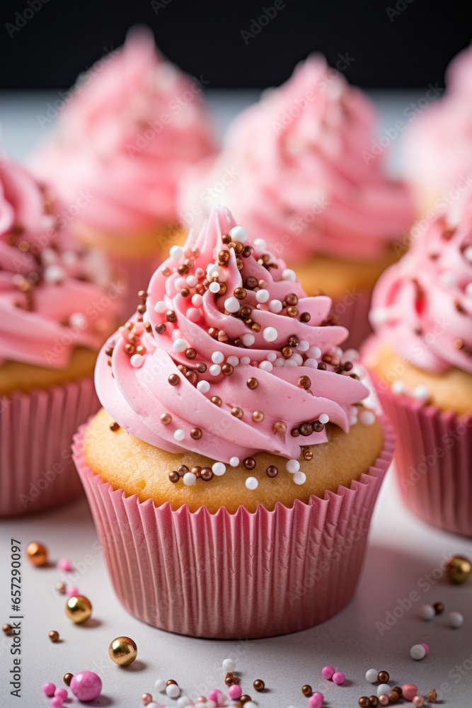 Pink and gold cupcakes with sprinkles on top.