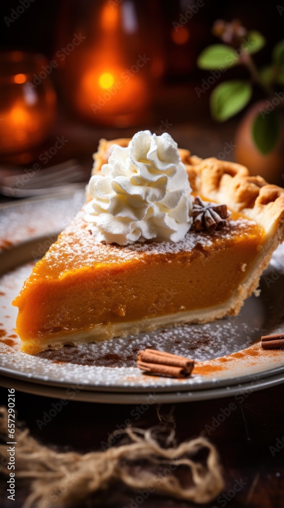Pumpkin pie with whipped cream, a classic Thanksgiving favorite Pumpkin pie with whipped cream, a classic Thanksgiving favorite