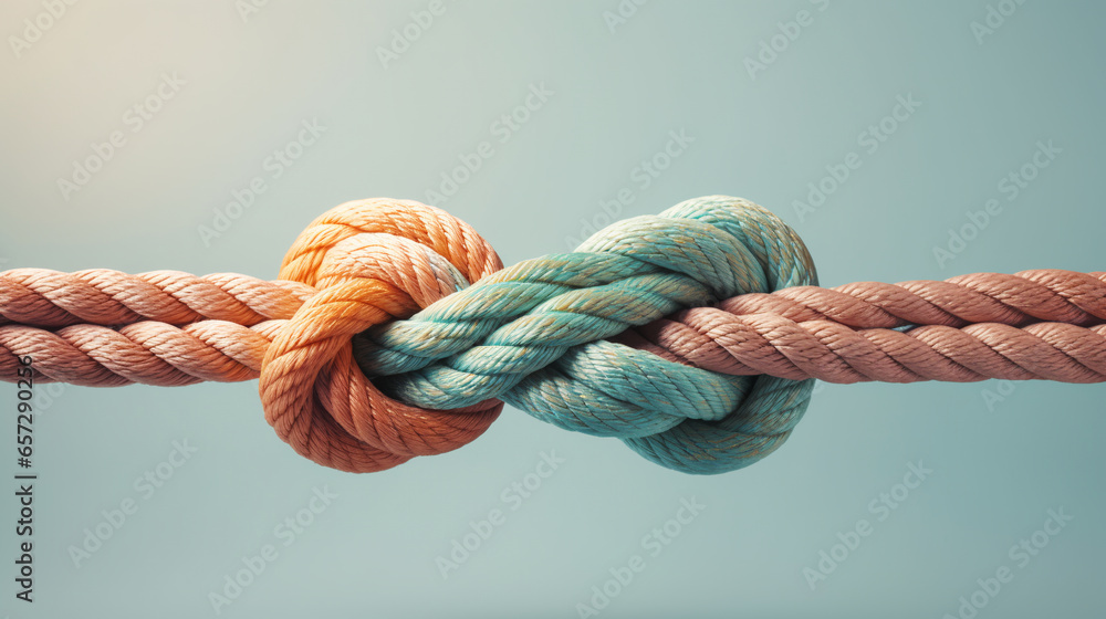 two ropes of different colors tied into a knot, pastel background. ai generative - obrazy, fototapety, plakaty 